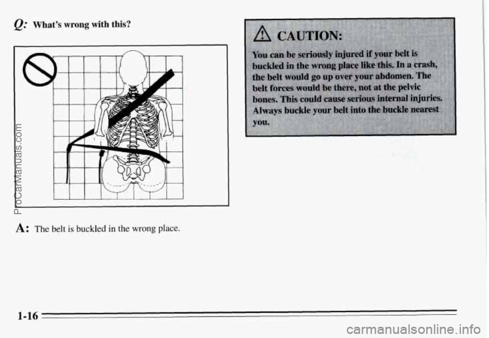 PONTIAC GRAND-AM 1995  Owners Manual Q: What’s  wrong  with  this? 
I 
I 
A: The belt is buckled in the wrong place. 
1-16 
ProCarManuals.com 