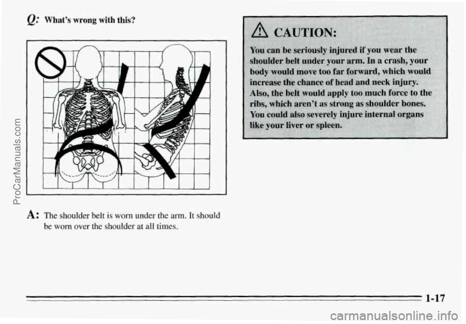 PONTIAC GRAND-AM 1995  Owners Manual &: Whats wrong with this? 
I 
A: The shoulder belt is worn under the arm. It should 
be worn over the shoulder at all times. 
1-17 
ProCarManuals.com 