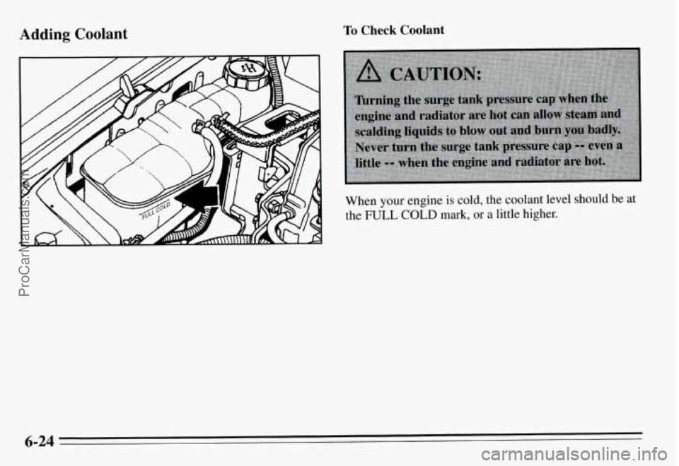 PONTIAC GRAND-AM 1995  Owners Manual Adding Coolant To Check Coolant 
When your engine  is  cold,  the  coolant  level  should  be  at 
the 
FULL COLD mark,  or a little  higher. 
6-24 
ProCarManuals.com 