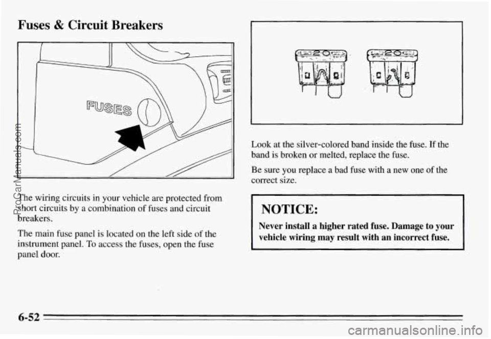 PONTIAC GRAND-AM 1995  Owners Manual Fuses & Circuit  Breakers 
The wiring circuits  in  your vehicle are  protected from 
short circuits by a combination  of fuses  and circuit 
breakers. 
The  main fuse panel  is located  on the  left 