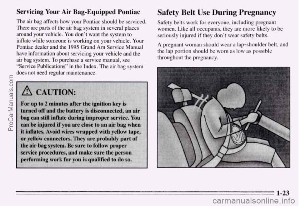 PONTIAC GRAND-AM 1995  Owners Manual Servicing  Your  Air Bag-Equipped  Pontiac 
The  air  bag  affects  how  your  Pontiac  should  be  serviced. 
There  are  parts  of  the  air  bag  system  in  several  places 
around  your  vehicle.