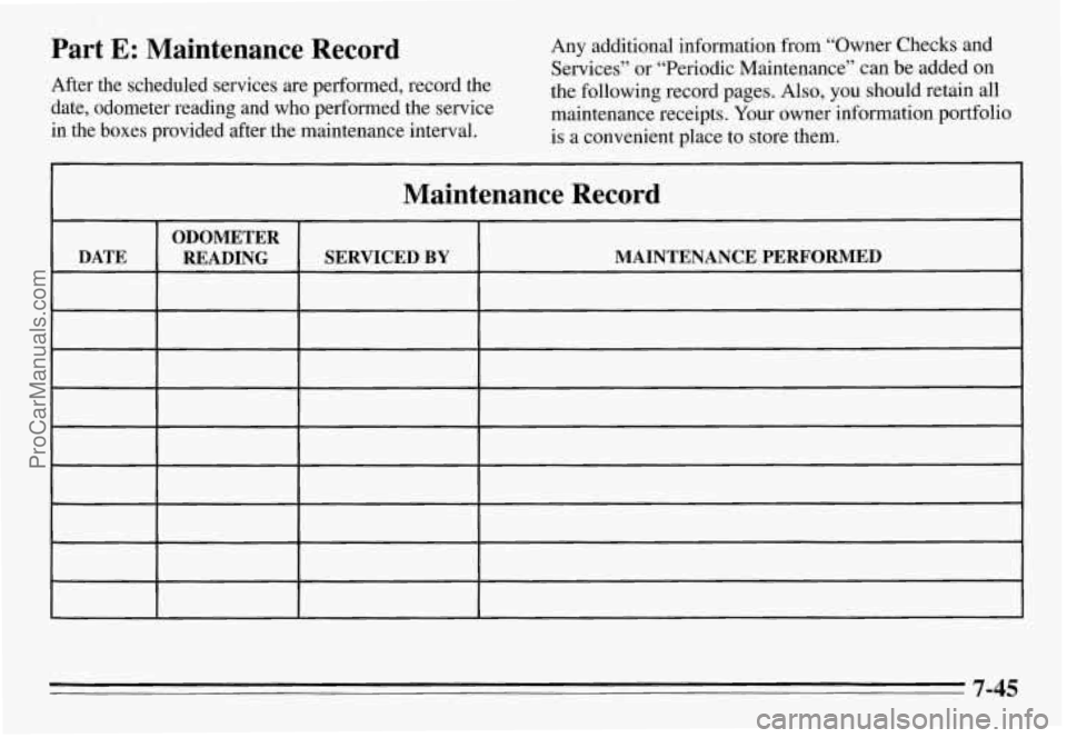PONTIAC GRAND-AM 1995  Owners Manual Part E: Maintenance  Record 
After  the  scheduled  services are performed,  record  the 
date,  odometer  reading  and 
who performed  the service 
in  the  boxes  provided  after  the maintenance  i