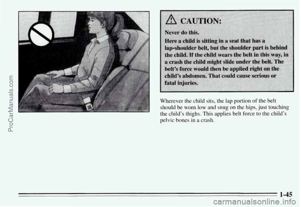 PONTIAC GRAND-AM 1995  Owners Manual t 
Wherever  the child sits,  the  lap portion of the belt 
should  be 
worn low  and  snug  on  the  hips, just touching 
the  child’s  thighs. This applies belt  force to the child’s 
pelvic bon