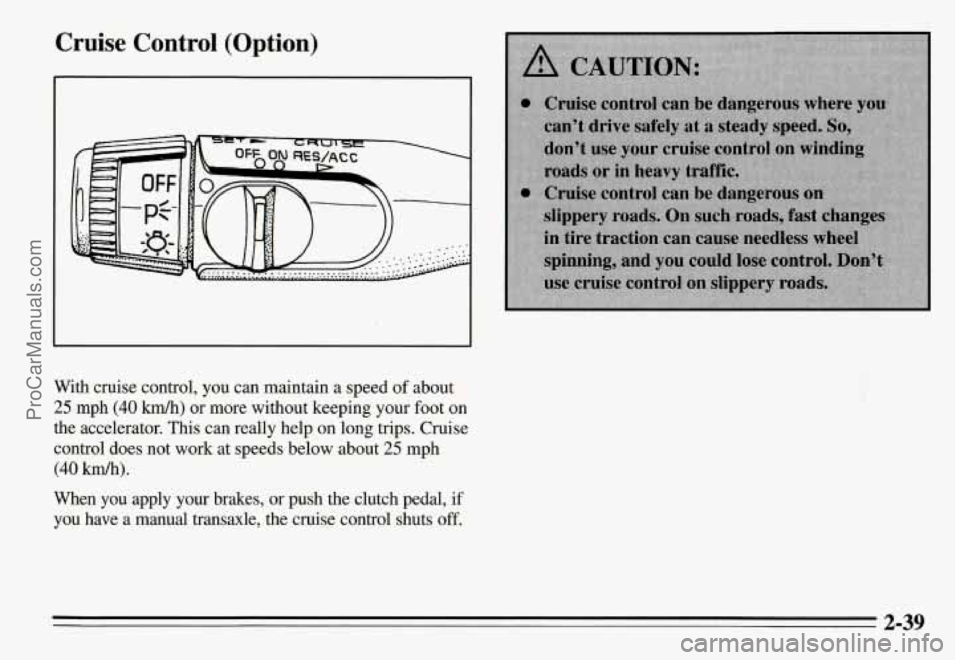 PONTIAC GRAND-AM 1995  Owners Manual Cruise Control (Option) 
With cruise  control,  you  can  maintain  a speed  of about 
25 mph (40 km/h) or more  without  keeping  your  foot on 
the  accelerator.  This can  really  help on  long  tr