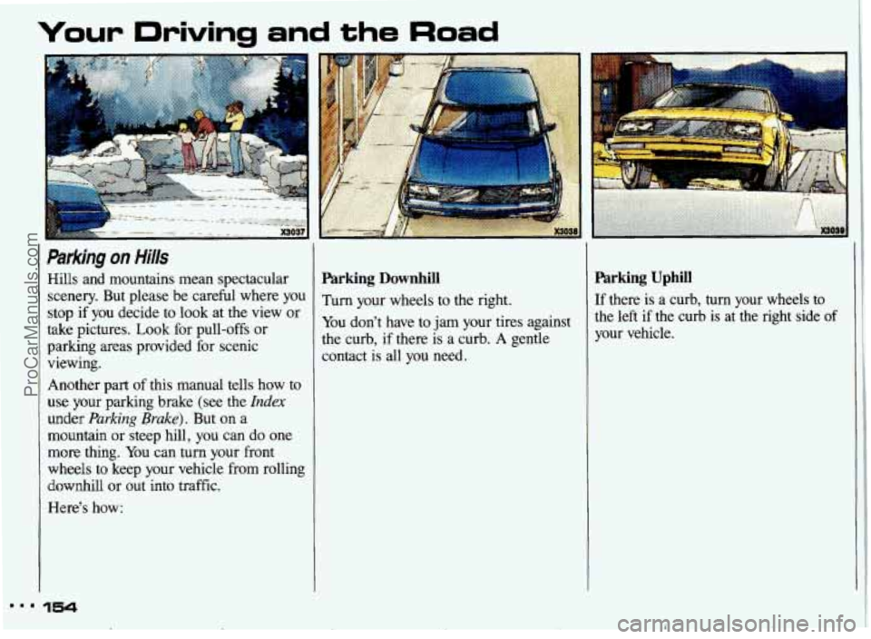 PONTIAC GRAND-AM 1993  Owners Manual Your Driving and the Road 
parking on Hills 
Hills and  mountains  mean spectacular 
scenery.  But please  be  careful  where you 
stop  if  you  decide  to look  at the  view  or 
take  pictures.  Lo
