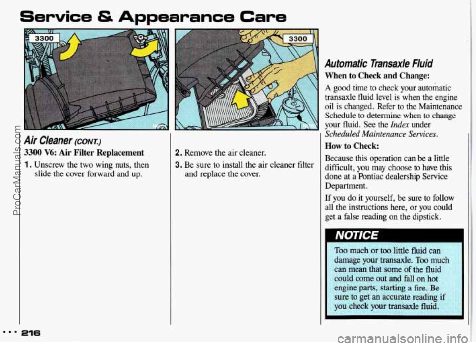 PONTIAC GRAND-AM 1993  Owners Manual ... 
Service & Appearance Care 
Air  Cleaner (CONI) 
3300 V6: Air  Filter  Replacement 
1. Unscrew the two  wing  nuts,  then 
slide 
the cover  forward  and  up. 
216 
2. Remove  the air cleaner. 
3.