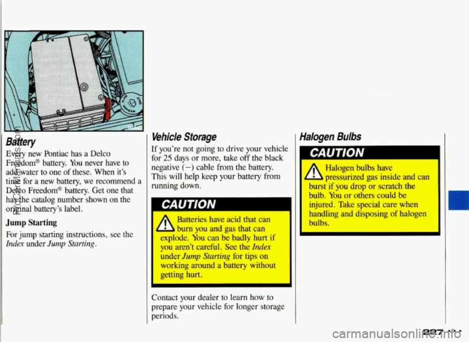 PONTIAC GRAND-AM 1993 Owners Manual Battery
Every new Pontiac has a Delco
Freedom@ battery.
You never have to
add water to one of these. When it’s
time for a new battery,
we recommend a
Delco Freedom@ batter PONTIAC GRAND-AM 1993 Owners Manual Battery
Every new Pontiac has a Delco
Freedom@ battery.
You never have to
add water to one of these. When it’s
time for a new battery,
we recommend a
Delco Freedom@ batter