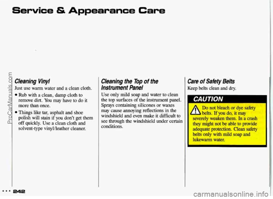 PONTIAC GRAND-AM 1993  Owners Manual 888 
Service Appearance Care 
Cleanjng  Vinyl 
Just use warm  water  and  a  clean  cloth. 
Rub with  a  clean, damp cloth  to 
remove  dirt. You  may  have  to do  it 
more  than  once. 
polish 
will