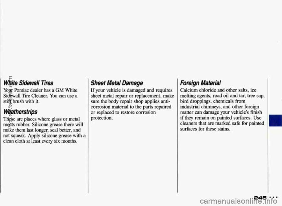 PONTIAC GRAND-AM 1993  Owners Manual White  Sidewall  Tines 
Your  Pontiac  dealer  has a GM White 
Sidewall  Tire  Cleaner. 
You can  use  a 
stiff  brush  with  it. 
Weatherstrips 
These  are  places  where  glass  or  metal 
meets  ru