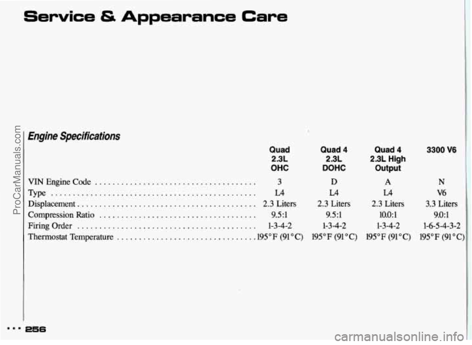 PONTIAC GRAND-AM 1993  Owners Manual Service & Appearance Care 
Engine  Specifications 
VIN Engine  Code . . ................................. 
Quad 2.3L 
OHC 
3 
Type ............................................... L4 
Displacement ....