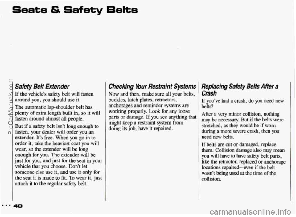 PONTIAC GRAND-AM 1993 Owners Manual Seats & Safety 6elts
Sahty Belt Extender
If the vehicle’s safety belt will fasten
around you, you should use it.
The automatic lap-shoulder belt has
plenty of extra length buil PONTIAC GRAND-AM 1993 Owners Manual Seats & Safety 6elts
Sahty Belt Extender
If the vehicle’s safety belt will fasten
around you, you should use it.
The automatic lap-shoulder belt has
plenty of extra length buil