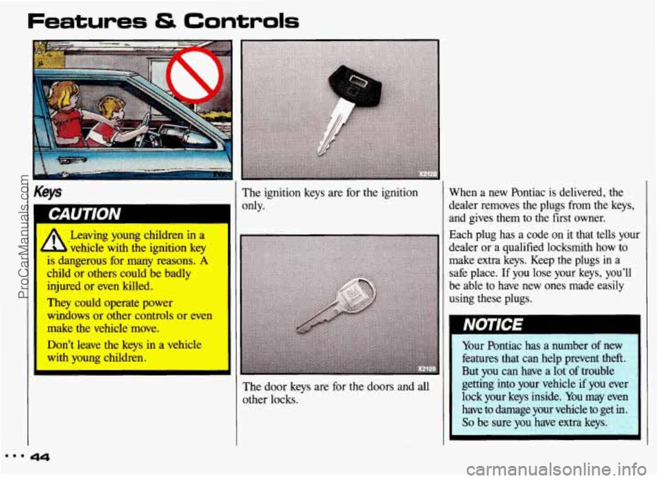 PONTIAC GRAND-AM 1993  Owners Manual Features & Controls 
Keys 
P 
.~eaving young children in a‘ 
vehicle with the ignition key 
is dangerous for many reasons. A 
child or others could be badly 
injured. or even  killed. 
They could op