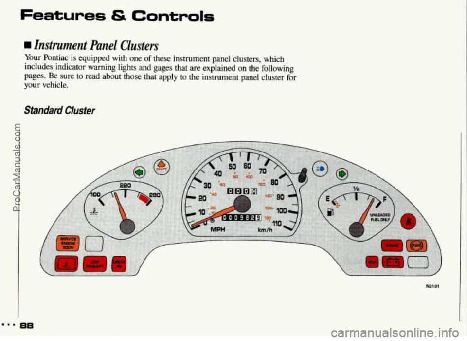 PONTIAC GRAND-AM 1993  Owners Manual Features & Controls 
Instrument  Panel  Clusters 
Your  Pontiac is equipped  with  one of these  instrument  panel  clusters,  which 
includes  indicator  warning  lights  and  gages  that  are explai