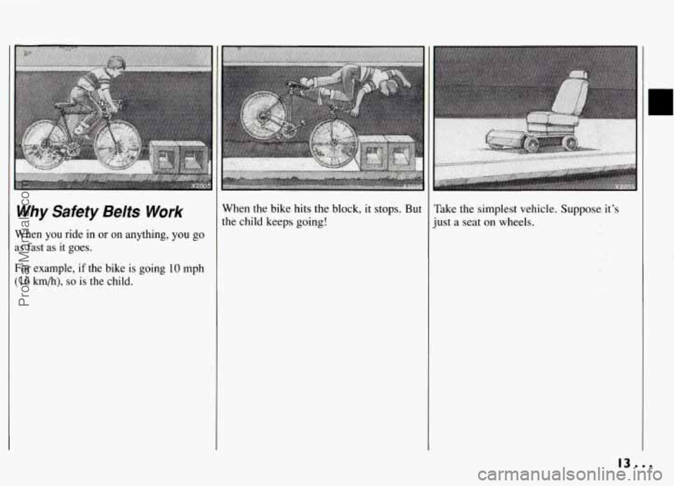 PONTIAC GRAND-AM 1994  Owners Manual When  you  ride  in or on anything, you go 
as  fast  as  it  goes. 
For example,  if  the  bike is going 10 mph 
( 16 km/h), so is the  child. 
When  the  bike  hits  the  black, it stops.  But 
the