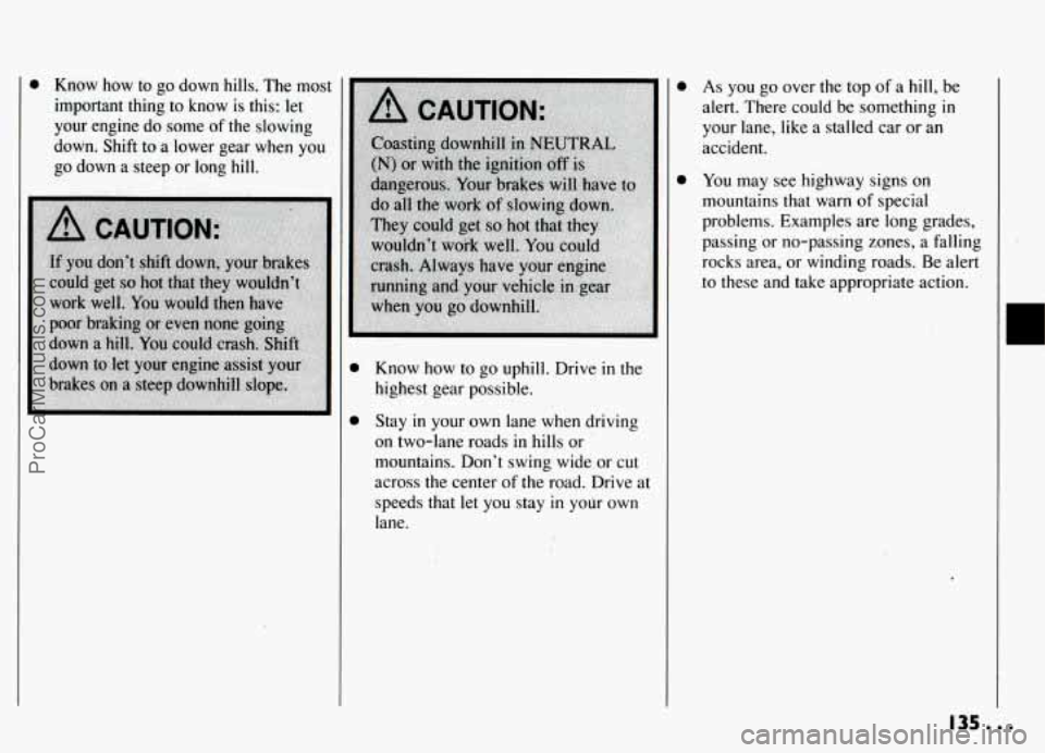PONTIAC GRAND-AM 1994  Owners Manual 0 Know  how  to  go  down hills. The most 
important  thing  to know  is  this:  let 
your  engine  do some 
of the slowing 
down.  Shift  to  a lower  gear when  you 
go  down  a steep  or  long 
hil