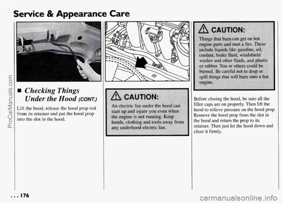 PONTIAC GRAND-AM 1994  Owners Manual Service & Appearance Care 
Checking  Things 
Under  the 
Hood (CONT.) 
Lift the hood, release  the hood prop  rod 
from its retainer and  put the hood  prop 
into the slot  in the  hood. 
Before  clos