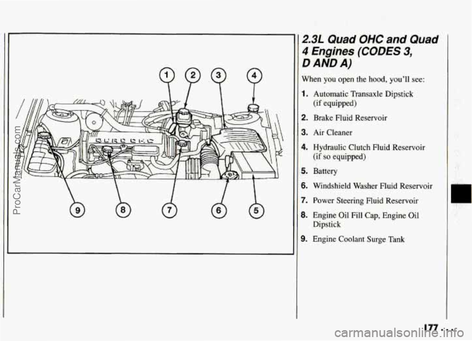 PONTIAC GRAND-AM 1994  Owners Manual 2.3L Quad OHC and Quad 
4 Engines (CODES 3, 
D AND A) 
When you  open  the  hood,  youll  see: 
1. Automatic  Transaxle  Dipstick 
(ifequipped) 
2. Brake  Fluid  Reservoir 
3. Air  Cleaner 
4. Hydra