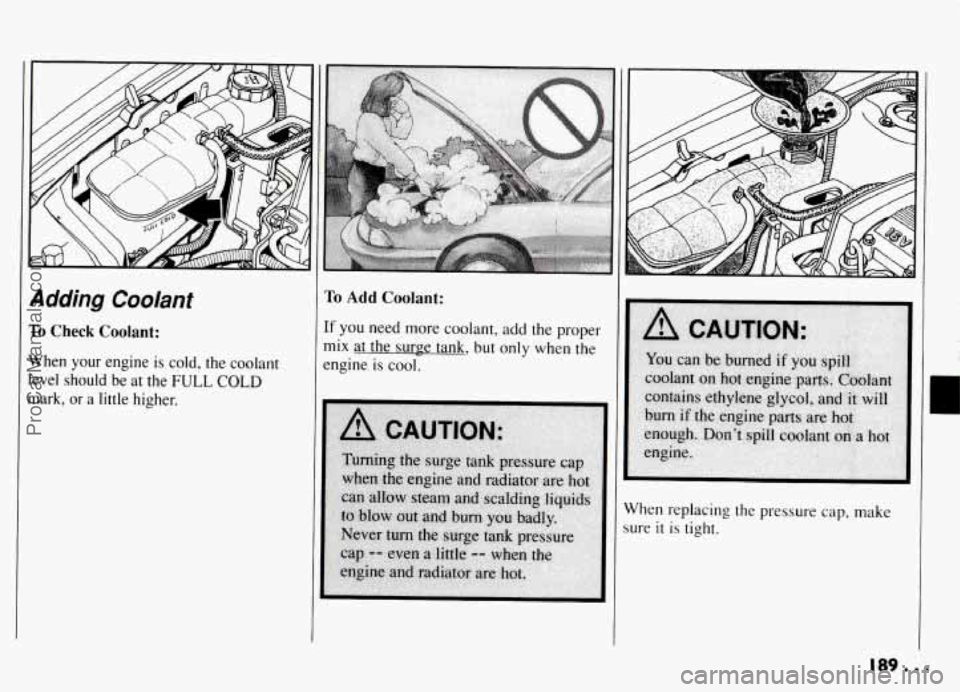 PONTIAC GRAND-AM 1994  Owners Manual Adding Coolant 
To Check  Coolant: 
When  your  engine is cold,  the  coolant 
level  should  be  at the 
FULL COLD 
mark,  or  a little  higher. 
To Add Coolant: 
If you need  more coolant, add the p
