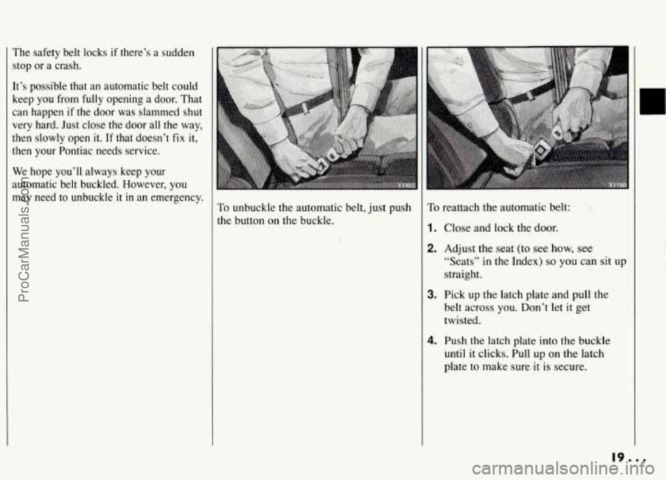 PONTIAC GRAND-AM 1994  Owners Manual The safety  belt  locks  if there’s  a sudden 
;top  or a  crash. 
[t’s  possible  that an automatic  belt could 
keep  you  from fully opening  a door.  That 
:an  happen 
if the door  was  slamm