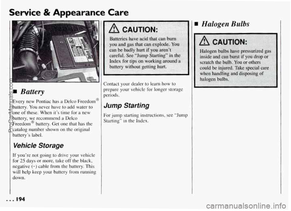 PONTIAC GRAND-AM 1994  Owners Manual Service & Appearance  Care 
Battery 
Every  new  Pontiac  has a Delco  Freedom@ 
battery.  You never  have  to  add  water  to 
one  of these.  When  it’s  time for a new 
battery,  we recommend  a 
