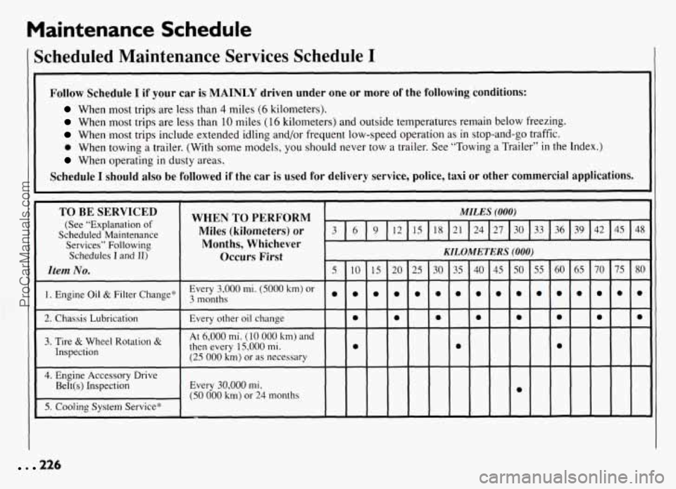 PONTIAC GRAND-AM 1994  Owners Manual Maintenance  Schedule 
Scheduled  Maintenance  Services  Schedule I 
Follow Schedule I if your  car is MAINLY driven under  one or more  of the  following conditions: 
When  most  trips are less than 
