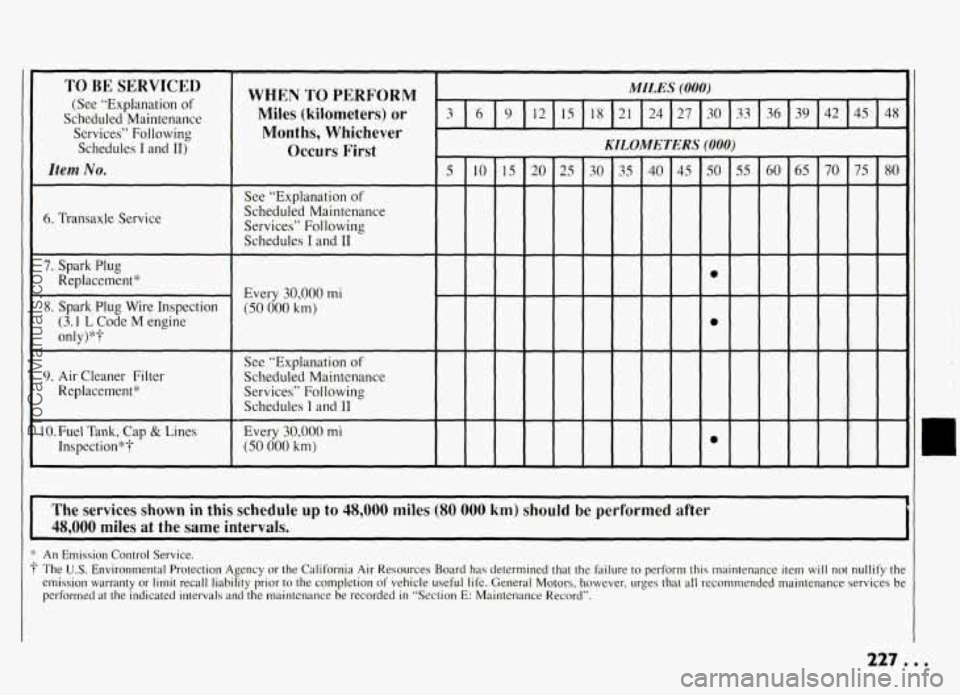 PONTIAC GRAND-AM 1994  Owners Manual Ib i 
The services shown in this schedule  up to 48,000  miles  (80  000  km) should be performed  after 
48,000  miles at the same intervals. 
!‘ * An Emission  Control  Service. 
The U.S. Environm