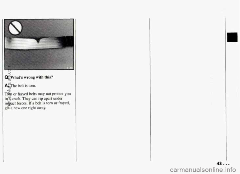 PONTIAC GRAND-AM 1994  Owners Manual Q: Whats wrong with this? 
A: The  belt is torn. 
Torn or frayed  belts  may  not  protect  you 
in a crash. They can rip apart  under 
impact forces. If  a  belt is torn or frayed, 
get  a  new  one