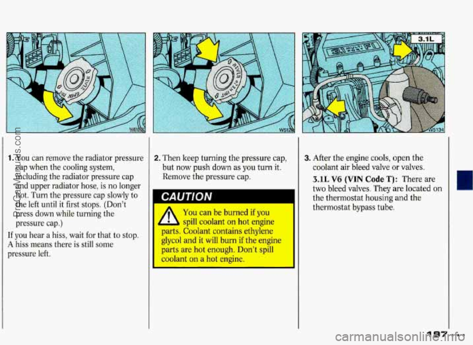 PONTIAC GRAND-PRIX 1993  Owners Manual 1. You can  remove the radiator  pressure 
cap  when  the cooling  system, 
including  the radiator  pressure  cap 
and  upper  radiator  hose,  is 
no longer 
hot.  Turn  the pressure  cap  slowly  t