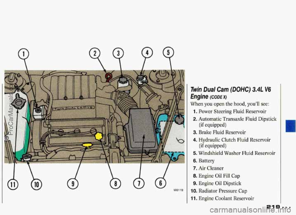 PONTIAC GRAND-PRIX 1993  Owners Manual d 
Twin Dual  Cam (DOHC) 3.4L V6 
hgne (CODE x) 
When you open the hood,  you’ll  see: 
1. Power  Steering  Fluid  Reservoir 
2. Automatic Transaxle  Fluid  Dipstick 
3. Brake  Fluid  Reservoir 
4. 