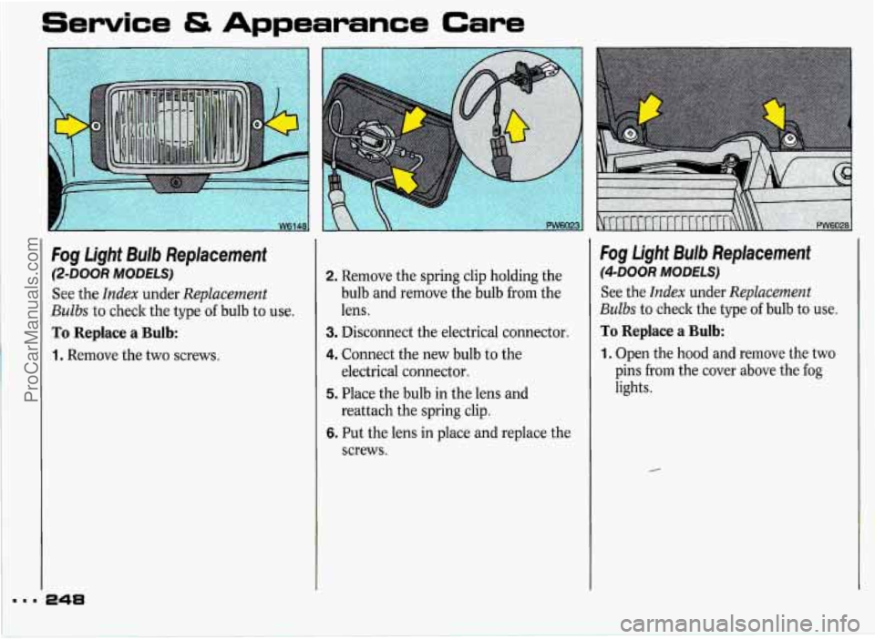 PONTIAC GRAND-PRIX 1993  Owners Manual Service & Appearance Care 
... 
Fog Light Bulb  Replacement 
@-DOOR MODELS) 
See the Index under Replacement 
Bulbs to check  the type  of bulb  to use. 
To Replace a Bulb: 
1. Remove  the two  screws