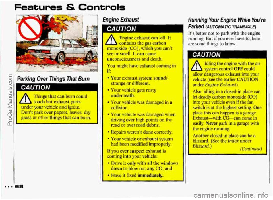 PONTIAC GRAND-PRIX 1993  Owners Manual Features & Controls 
hgine Exhaust Running  Your  Engine  While  You’re 
Parked (AUTOMATIC TRANSAXE) 
It’s better not to  park  with  the engine 
running.  But 
if you ever  have to, here 
contain