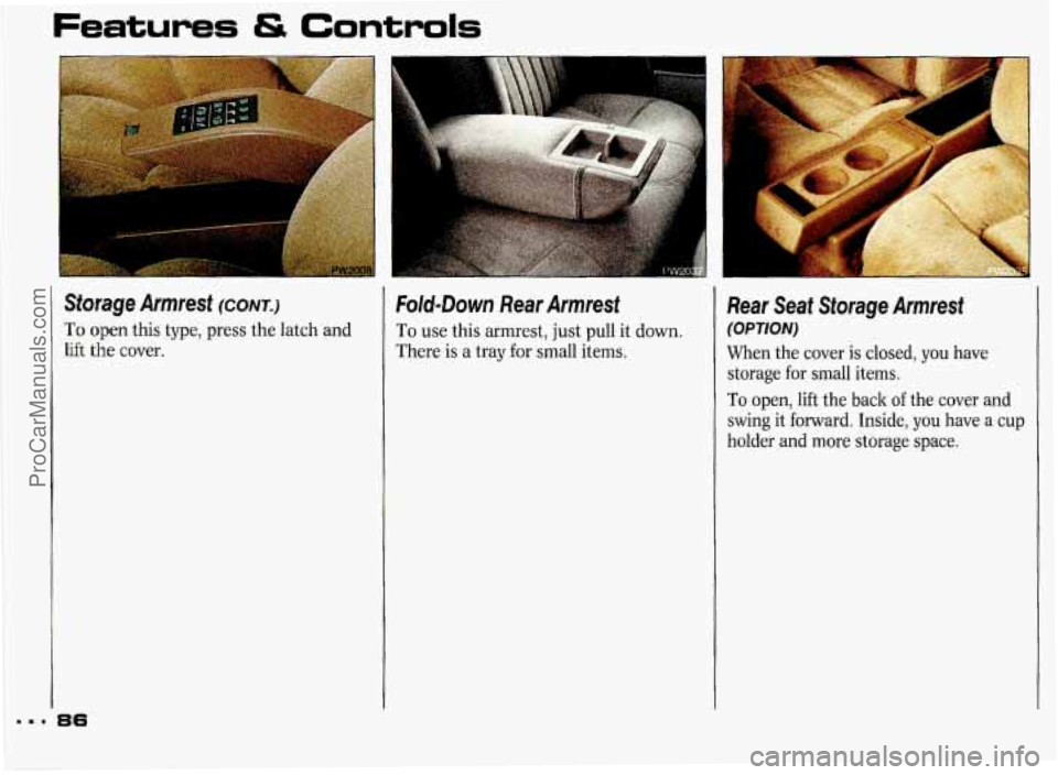 PONTIAC GRAND-PRIX 1993  Owners Manual Features & Controls 
. . ._ 
Storage  Armrest (CONT.) 
To open this type, press  the latch  and 
lift the cover. 
36 
Fold-Down Rear  Armrest 
To use this armrest,  just pull  it down. 
There  is  a t