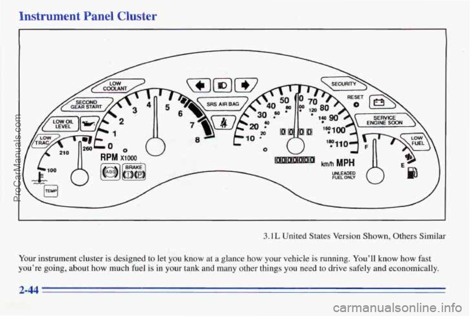 PONTIAC PONTIAC 1996  Owners Manual hstrument Panel  Cluster 
3.1L United States Version Shown, Others Similar 
Your instrument cluster is designed to let  you  know at a glance how  your  vehicle is running. Youll know how  fast 
you