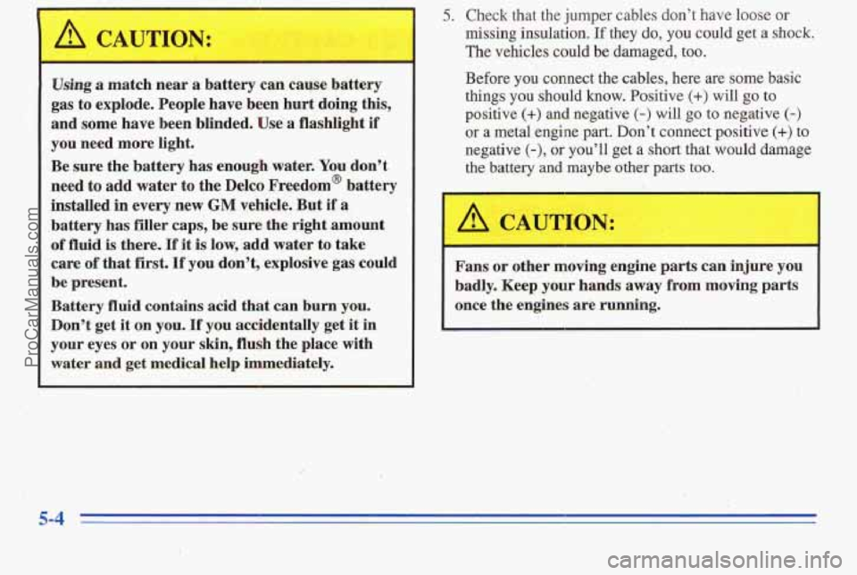 PONTIAC PONTIAC 1996  Owners Manual ~~ Using a match 
near a battery  can  cause  battery 
gas 
to explode.  People  have  been  hurt doing this, 
and some  have  been  blinded.  Use  a  flashlight  if 
you  need  more light. 
Be  sure 