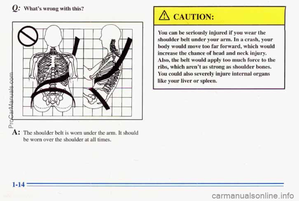 PONTIAC PONTIAC 1996  Owners Manual 12: Whats wrong  with  this? 
A: The shoulder belt is worn under the arm. It should 
be worn over the shoulder at all times. 
A CAUTION: 
You  can  be seriously injured if you wear  the 
shoulder  be
