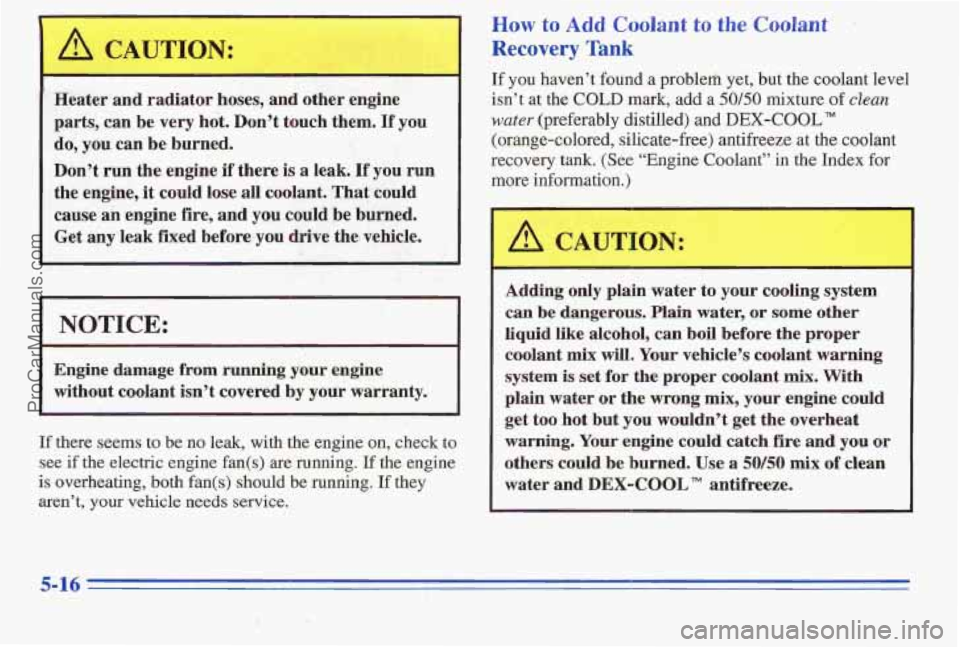 PONTIAC PONTIAC 1996 Owners Manual A CAUTION:
I
Heater and radiator hoses, and other engine
parts,
can be very hot. Don’t touch them. If you
do, you can
be burned.
Don’t run the engine
if there is a leak. If you r PONTIAC PONTIAC 1996 Owners Manual A CAUTION:
I
Heater and radiator hoses, and other engine
parts,
can be very hot. Don’t touch them. If you
do, you can
be burned.
Don’t run the engine
if there is a leak. If you r