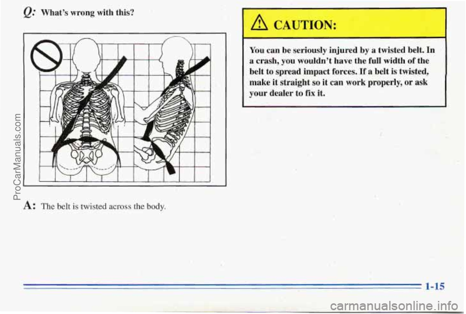 PONTIAC PONTIAC 1996  Owners Manual Q: Whats  wrong  with  this? 
I I .~ 
A: The belt is twisted across the body. 
A CAUTION: 
You can be  seriously  inpred by a  twisted  belt. In 
a  crash, you wouldnt  have  the  full  width  of  