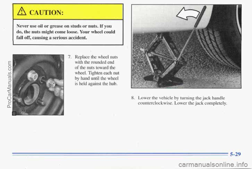 PONTIAC PONTIAC 1996  Owners Manual Never  use  oil  or  grease  on studs or  nuts.  If  you 
do, the  nuts  might  come  loose. Your wheel  could 
fall  off,  causing  a  serious  accident. 
7. Replace  the  wheel  nuts  with  the  rou