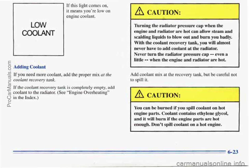 PONTIAC PONTIAC 1996  Owners Manual If this light comes on, 
it  means  you’re  low  on 
engine  coolant. 
LOW 
COOLANT 
L 
Adding  Coolant 
A CAUTION: 
lhrning  the radiator  pressure  cap when  the 
engine  and  radiator  are  hot c