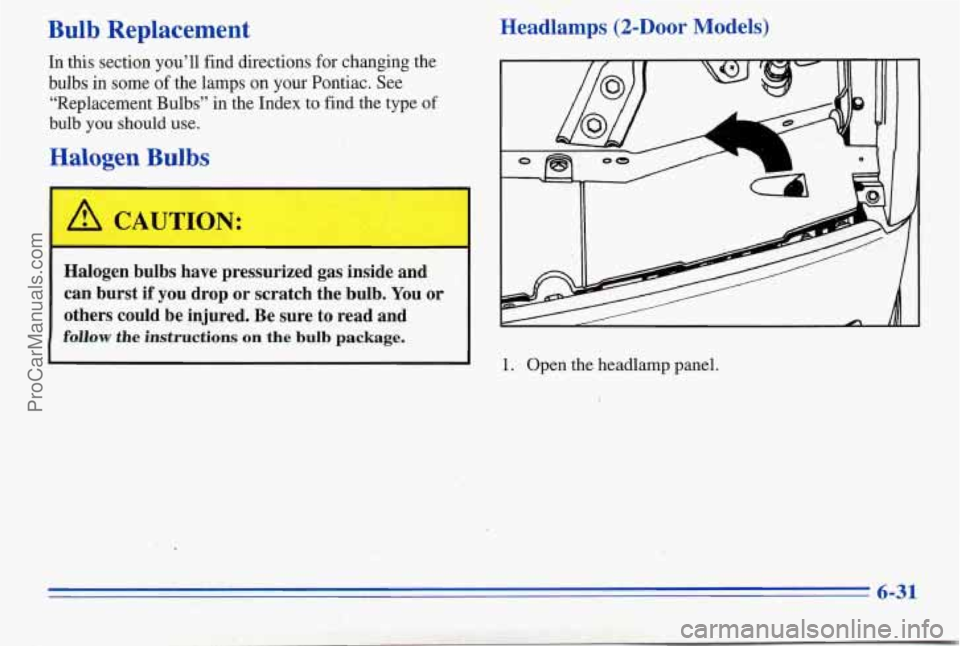 PONTIAC PONTIAC 1996  Owners Manual Bulb Replacement 
In this section youll  find directions  for changing the 
bulbs in some  of the lamps on your  Pontiac. See 
"Replacement  Bulbs"  in the Index 
to find the type  of 
bulb you shoul