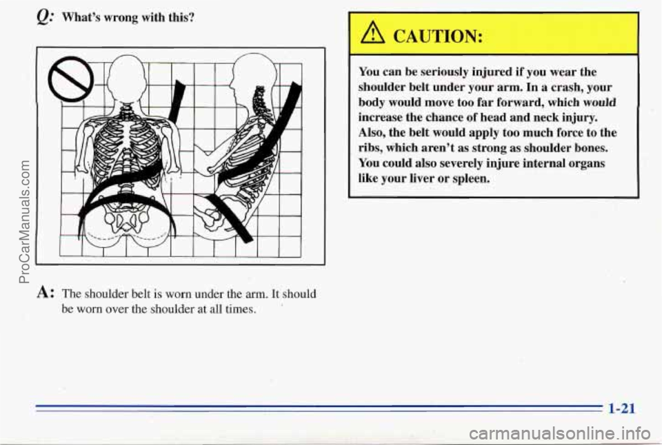 PONTIAC PONTIAC 1996  Owners Manual @ Whats  wrong  with this? 
1 
A: The  shoulder  belt is worn  under  the  arm.  It should 
be  worn  over the shoulder  at  all 
times. 
A CAUTIO": 
I 
You caribe  seriously  injured if you wear the