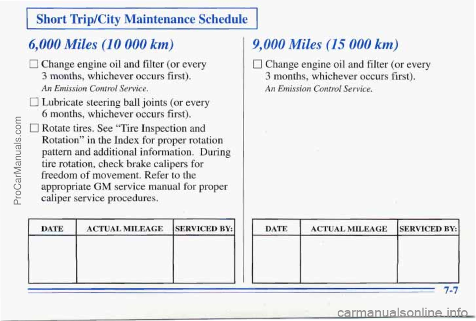 PONTIAC PONTIAC 1996  Owners Manual I Short  TriplCity  Maintenance  Schedule I 
.6,000 Miles (10 000 km) 
0 Change engine oil  and filter (or  every 
3 months, whichever occurs first). 
An Emission  Control  Sewice. 
0 Lubricate steeri