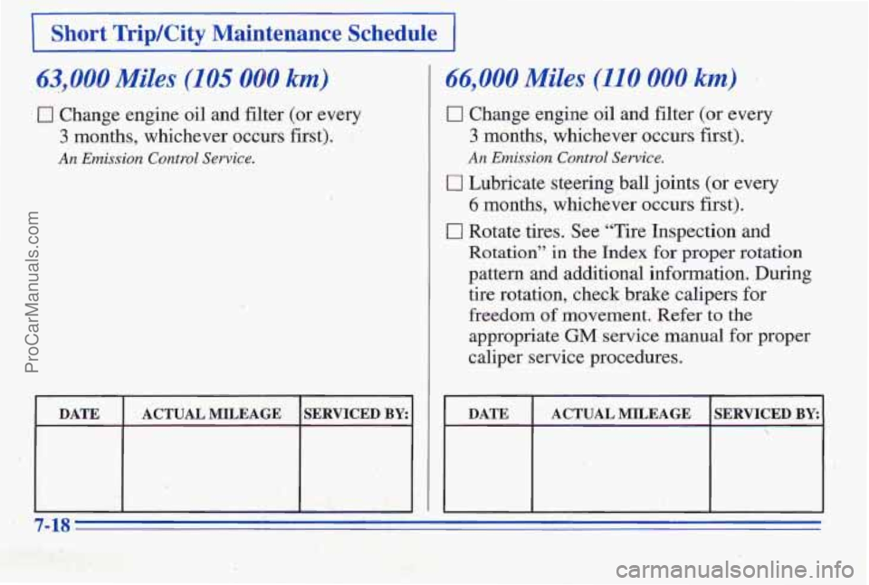 PONTIAC PONTIAC 1996  Owners Manual 63,000 Miles (105 000 km) 
Change engine oil and filter (or every 
3 months, whichever occurs first). 
An Emission Control Sewice. 
1 DATE  ACTUAL MILEAGE SERVICED BY: 
I 
66,000 Miles ‘(110 000 km)