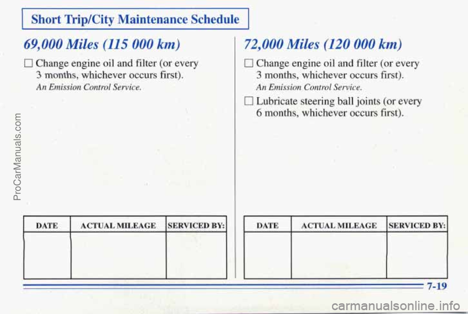 PONTIAC PONTIAC 1996  Owners Manual I Short  TripKity  Maintenance  Schedule I 
69,000 Miles, (115 000 km) 
0 Change engine oil and filter (or  every 
3 months, whichever  occurs  first). 
An Emission Control Service. 
- 
DATE  ACTUAL  