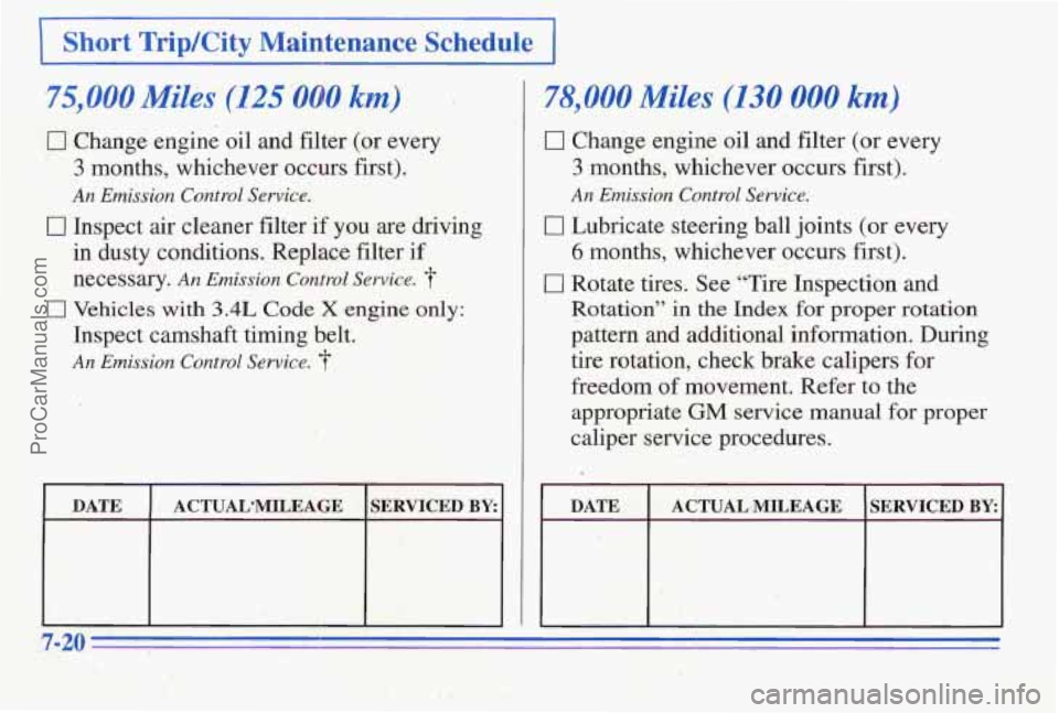 PONTIAC PONTIAC 1996  Owners Manual I Short Trip/City  Maintenance  Schedule 1 
0 Change engine oil  and filter  (or every 
3 months,  whichever  occurs first). 
An Emission Control Service. 
0 Inspect air cleaner filter  if you are dri