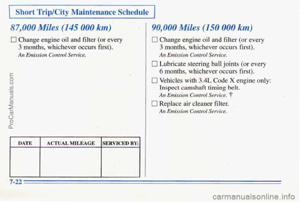 PONTIAC PONTIAC 1996  Owners Manual 0 Change engine oil and filter (or every 
3 months, whichever  occurs  first). 
Emission Control Sewice. ?/ 43;- c,. : ..&.&,-. 
DATE  ACTUAL MILEAGE SERVICED BY: 
Short Trip/City Maintenance  Schedul