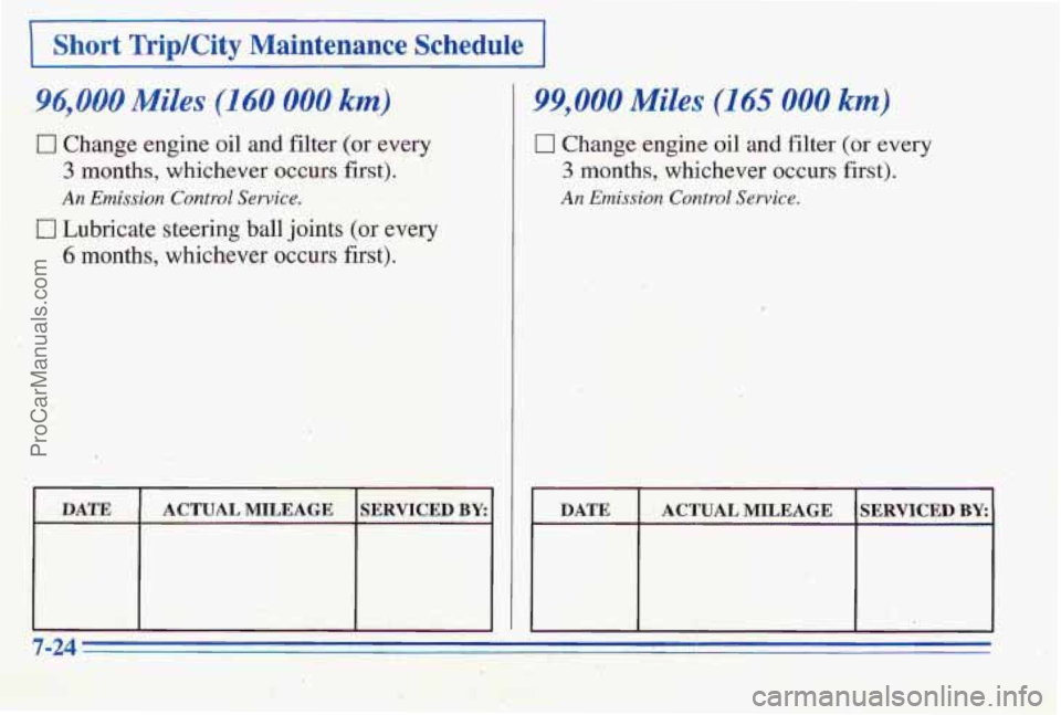 PONTIAC PONTIAC 1996  Owners Manual Short Trip/City Maintenance S.chedule ~~ 
96,000 Miles (160 000 km& F2D-T-v-,,+., &I&* ;y 
0 Change engine oil and filter (or every 
3 months, whichever occurs first). 
An Emission Control Sewice. 
Lu