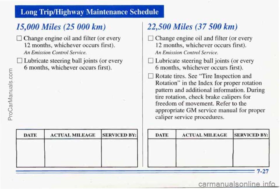 PONTIAC PONTIAC 1996  Owners Manual Long  Tripmighway  ,Maintenance  Schedule 1 
15,000 Miles (25 000 km) 
0 Change engine oil and filter (or  every 
12 months,  whichever  occurs  first). 
0 Lubricate steering ball joints  (or  every 
