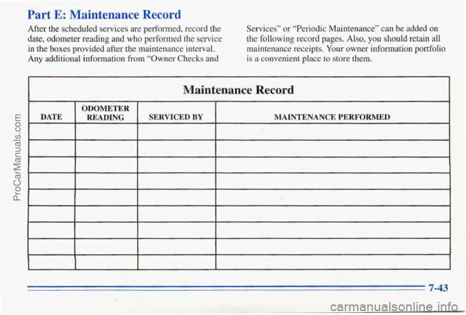 PONTIAC PONTIAC 1996  Owners Manual Part E: Maintenance  Record 
After the scheduled  services are performed,  record  the Services” or 
“Periodic  Maintenance”  can be  added  on 
date,  odometer  reading and who  performed  the 
