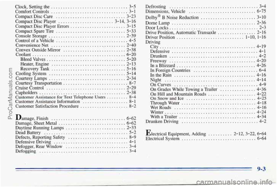 PONTIAC PONTIAC 1996  Owners Manual Clock.  Setting  the ................................ 3-5 
ComfortControls 
................................ 3-1 
Compact  Disc  Care 
............................. 3-23 
Compact  Disc  Player 
......